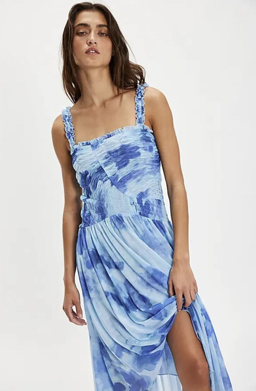 NWT Free People Tessa Smocked Midi Dress in Baby Blue Combo